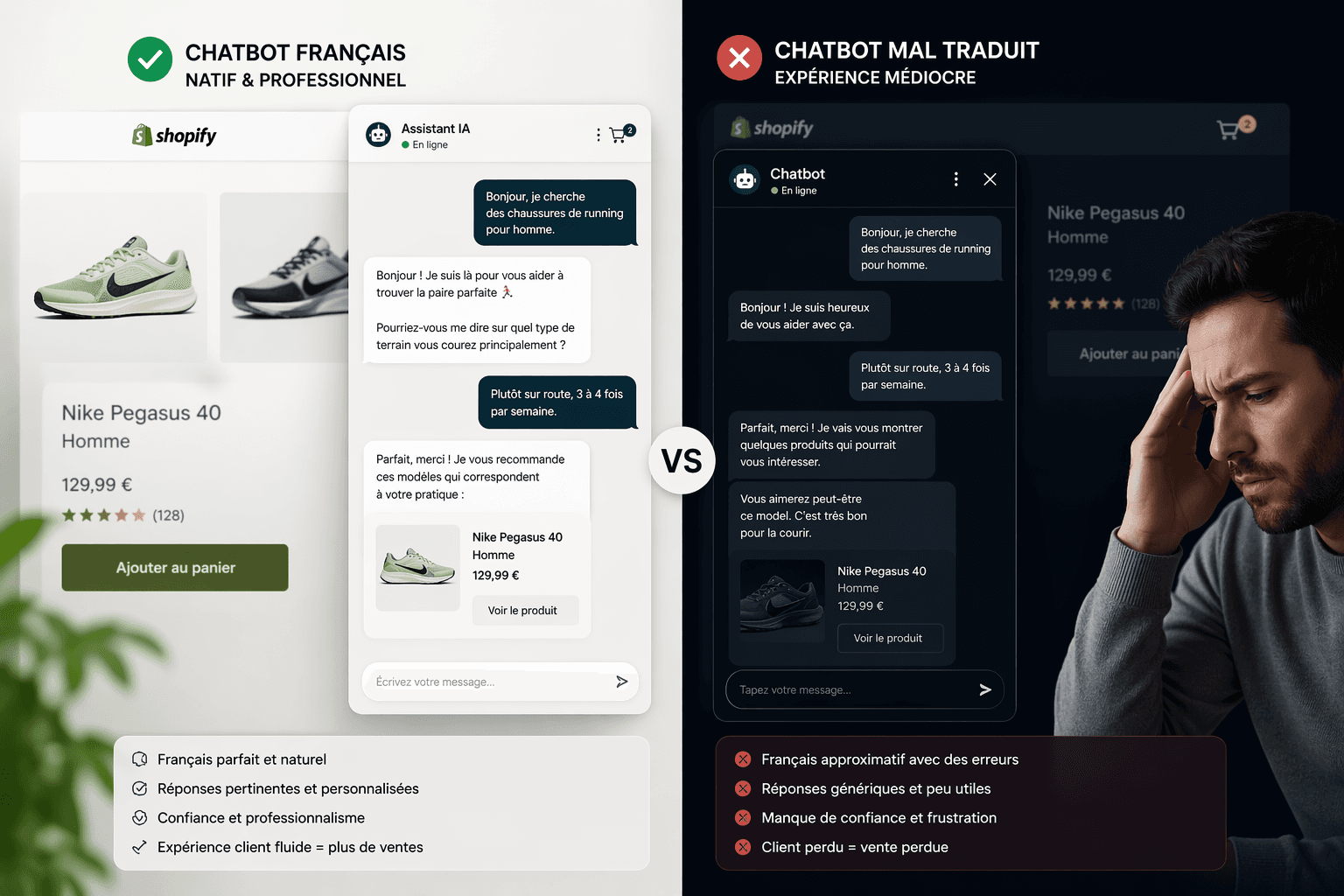 Comparaison entre un chatbot Shopify français natif et un chatbot mal traduit
