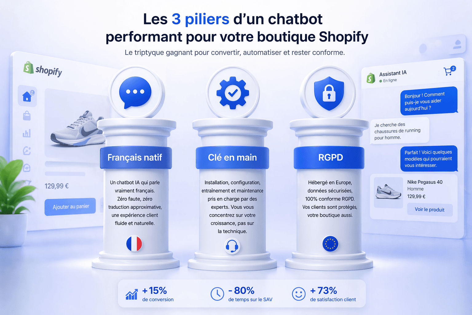 Les trois piliers d'un chatbot performant pour Shopify : français natif, clé en main, RGPD